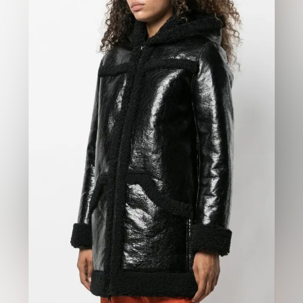 Apparis Faux Shearling Hooded Coat Black Glossy Teddy Sherpa Jacket Zip Front XL